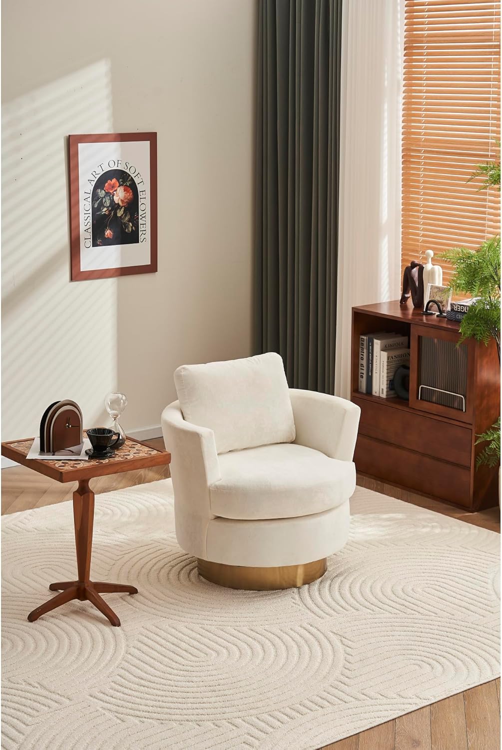 Beige Velvet Swivel Barrel Chair with Gold Stainless Steel Base T7231