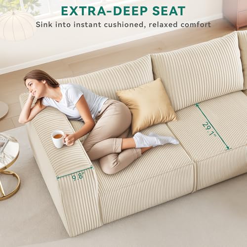 107 Inch Milky White Corduroy L-Shape Sectional Couch with 3 Pillows F46630