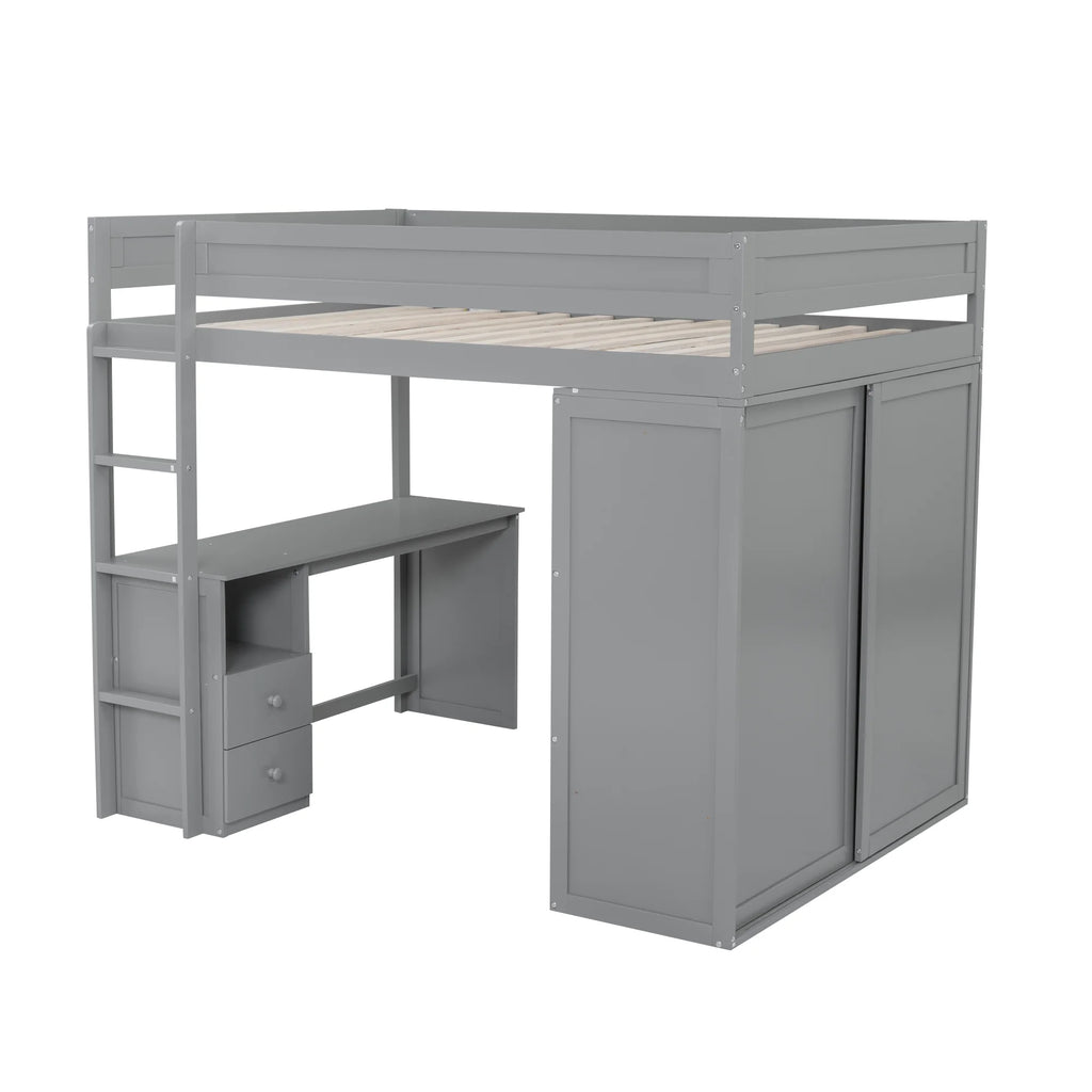 Wood Full Size Loft Bed with Storage Desk, Drawers and Wardrobe T458