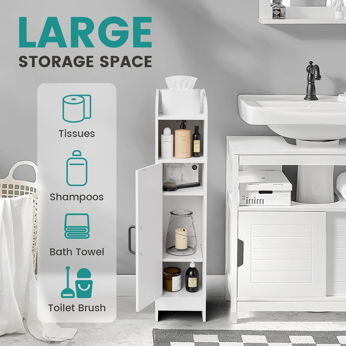 White Slim Floor Corner Storage Cabinet with Door and Adjustable Shelves D101