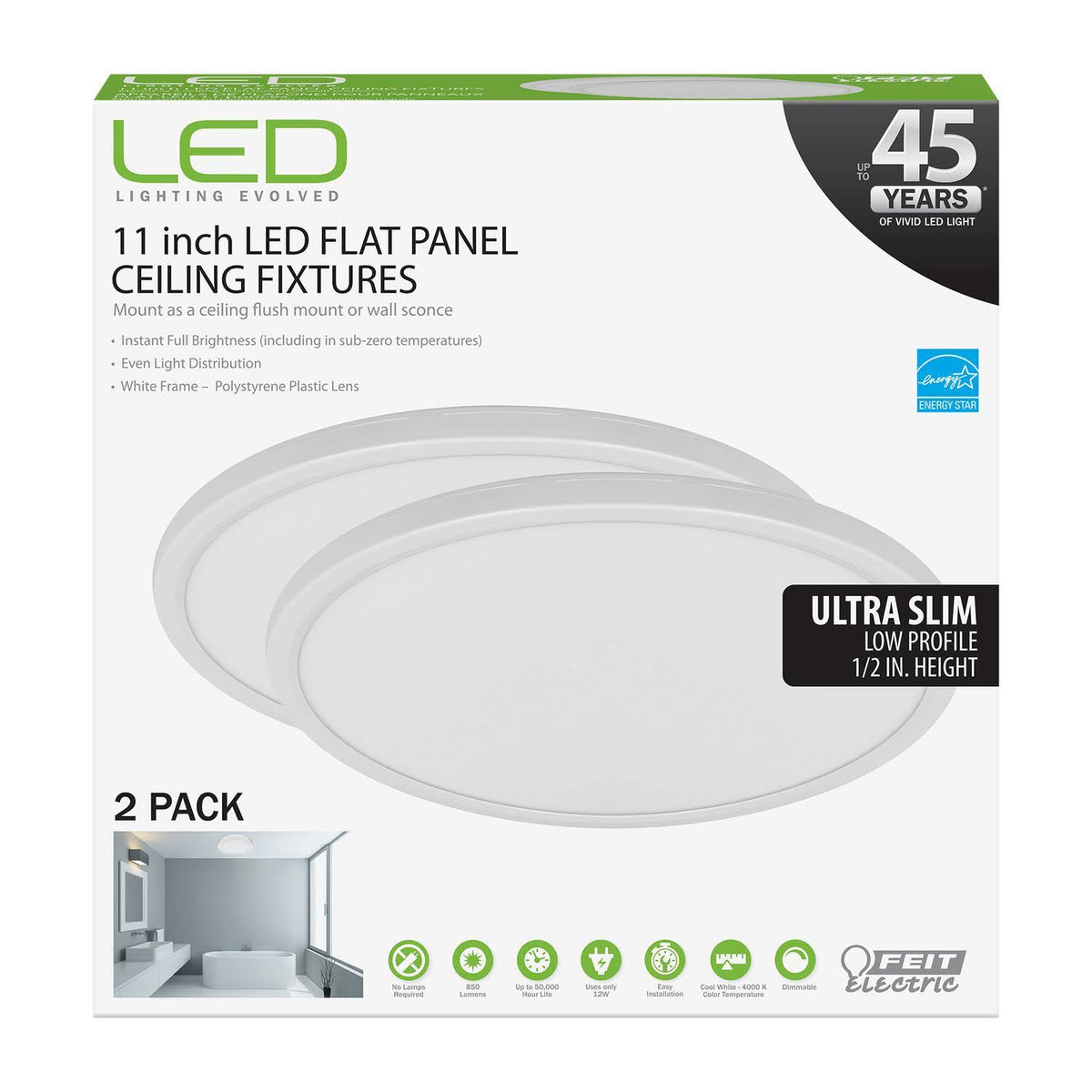 LED Flat Panel Ceiling Fixtures 12 Watts 2 Pack U522