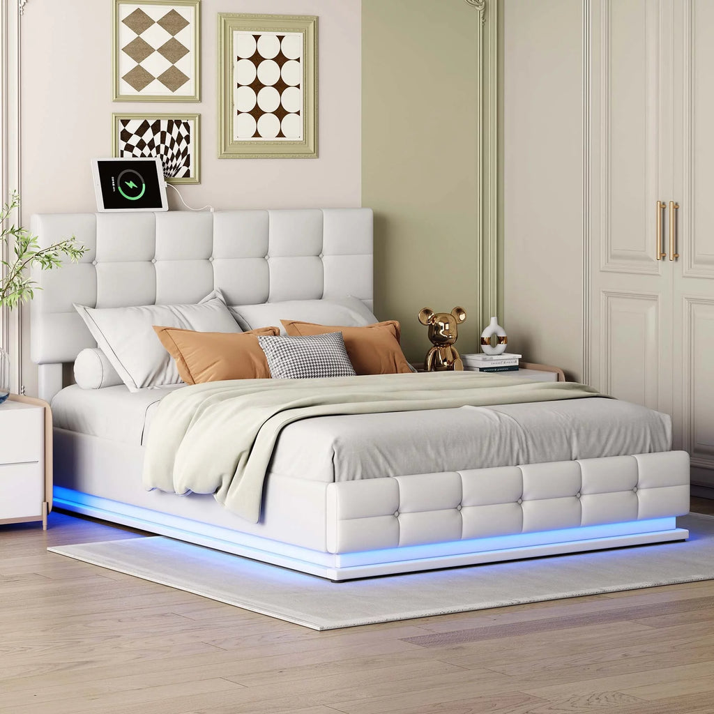 White Queen Size Tufted Upholstered Platform Bed with LED Lights and USB Charger T805164