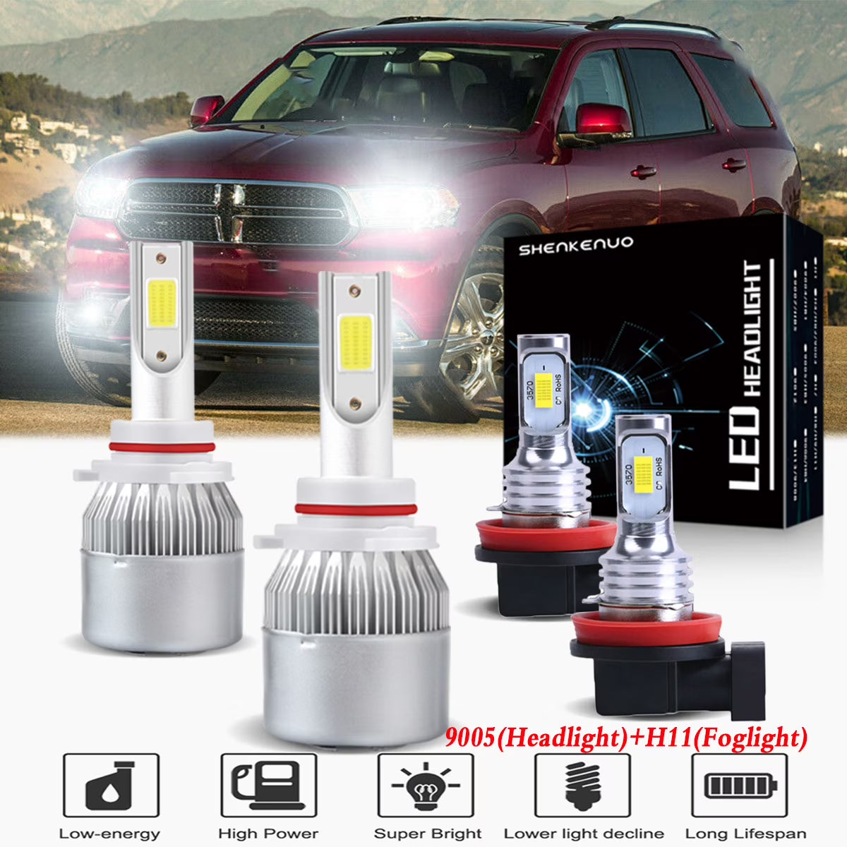 4pc 9005 LED High Low Beam H11 Fog Light for Dodge Durango A6594