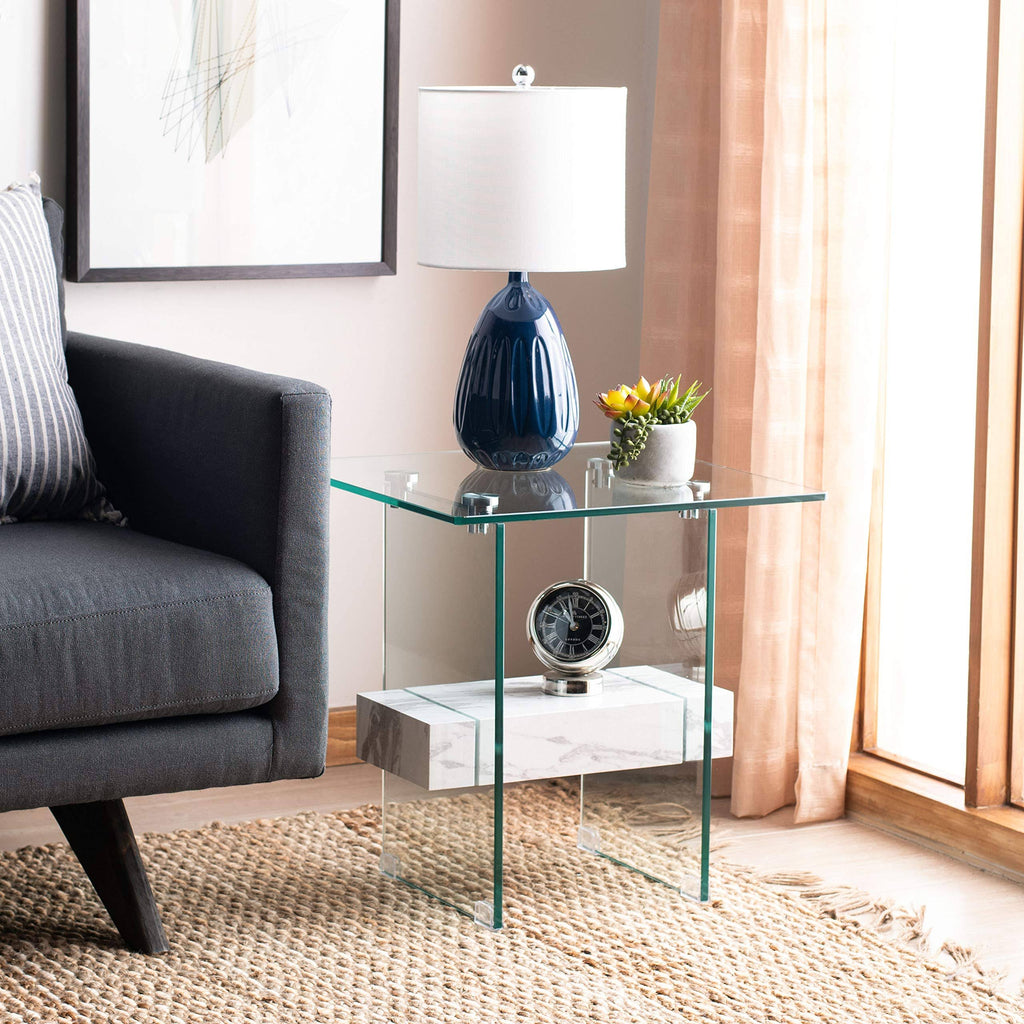 Glass/Faux White Marble Accent Table U70431
