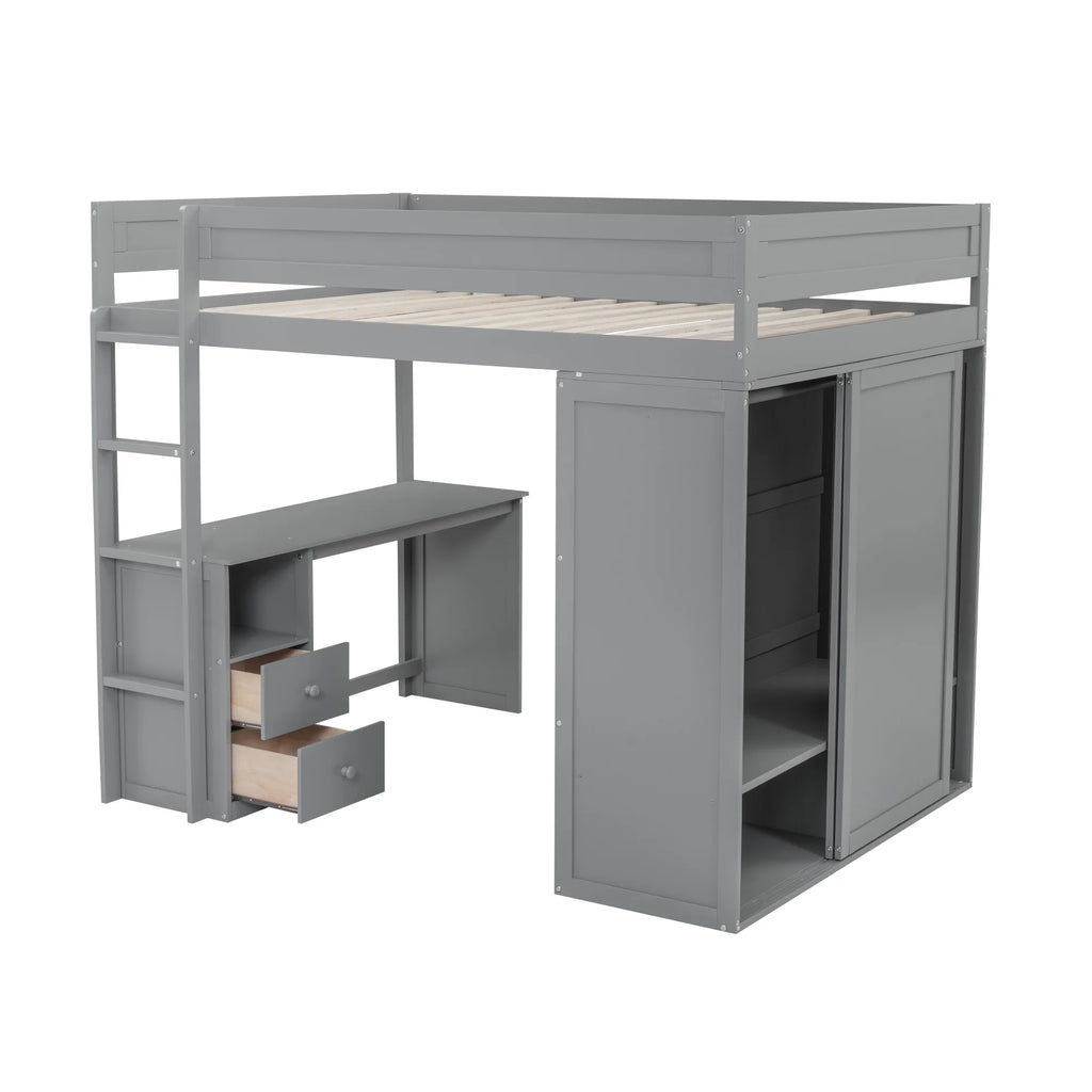 Wood Full Size Loft Bed with Storage Desk, Drawers and Wardrobe T458