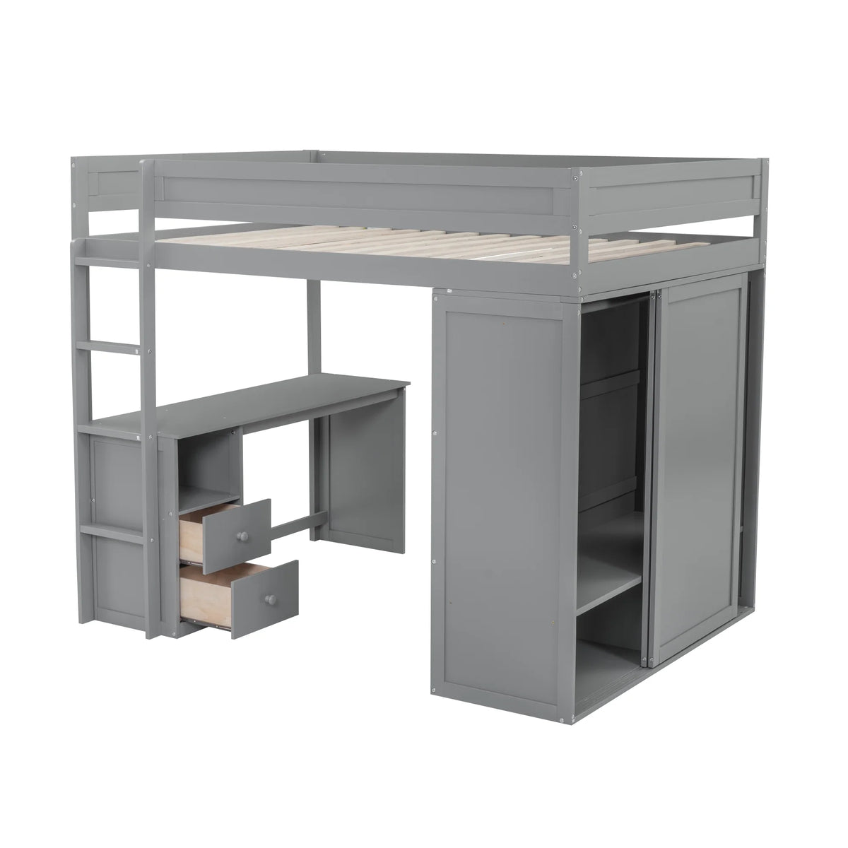 Wood Full Size Loft Bed with Storage Desk, Drawers and Wardrobe T458