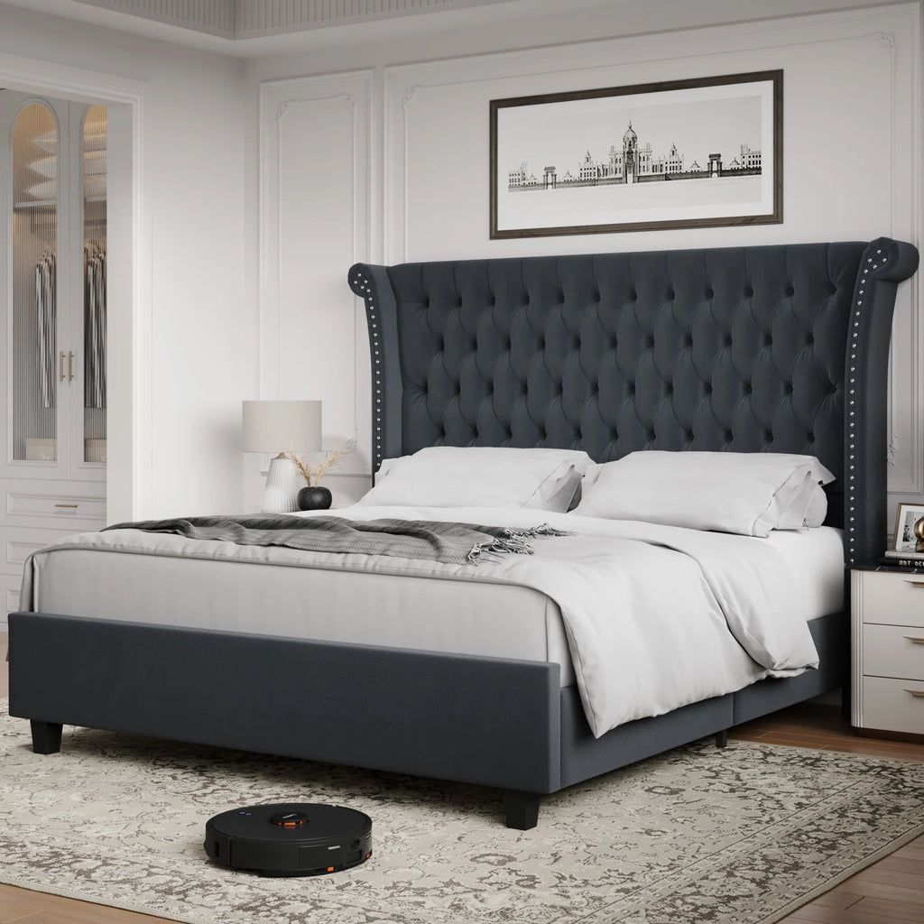 King Size White Velvet Tufted Upholstered Platform Bed U6049