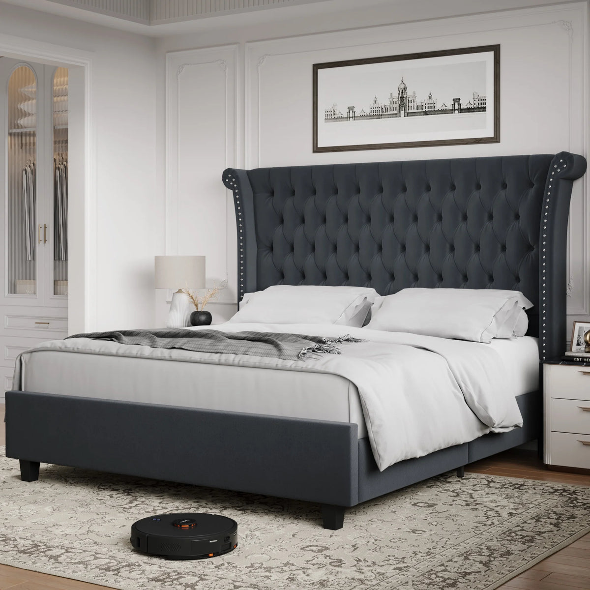 King Size White Velvet Tufted Upholstered Platform Bed U6049