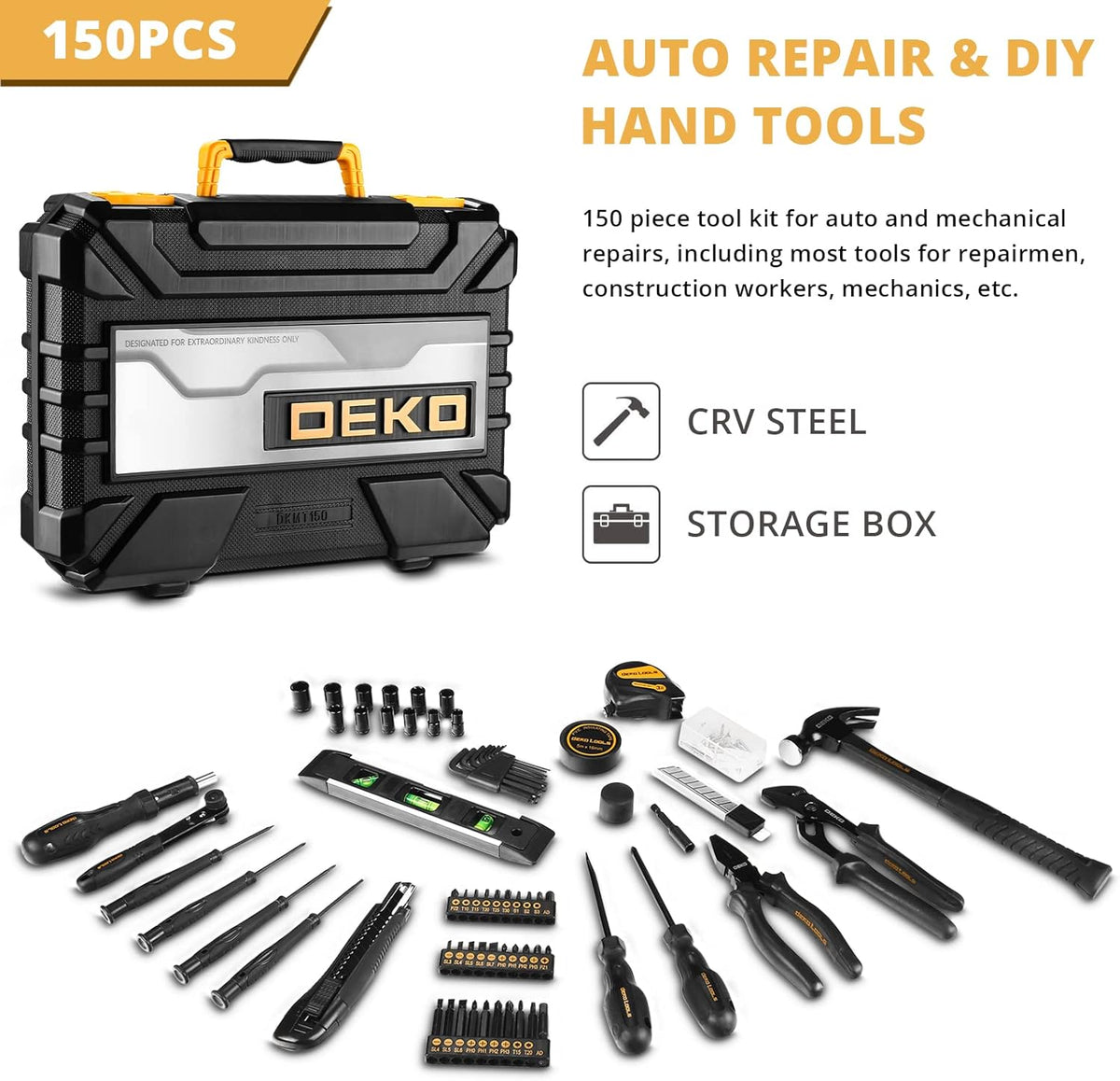 150 Piece Hand Tool Set with Plastic Toolbox Storage Case K5218