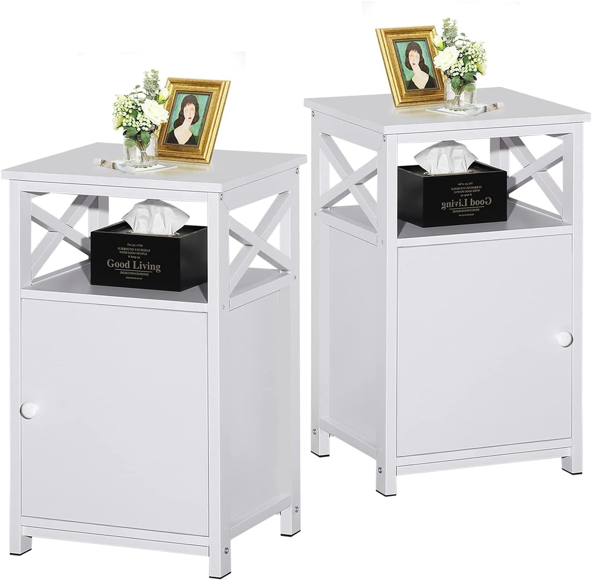 White Set of 2 Night Stand Side Table with Storage Cabinet Y1513