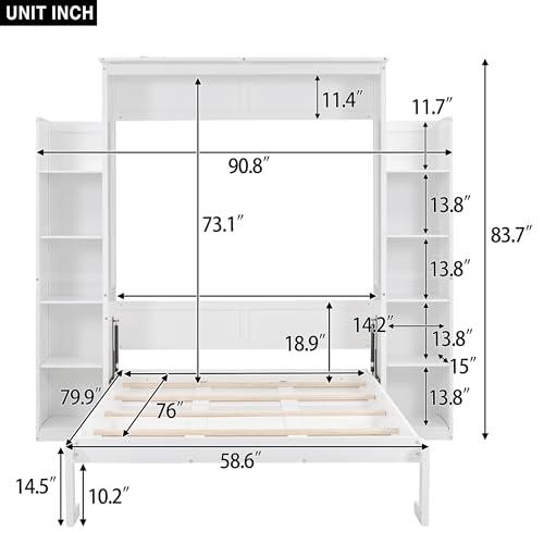 Queen Size Foldable Wood Wall Bed Frame with Shelves and LED Lights R5844