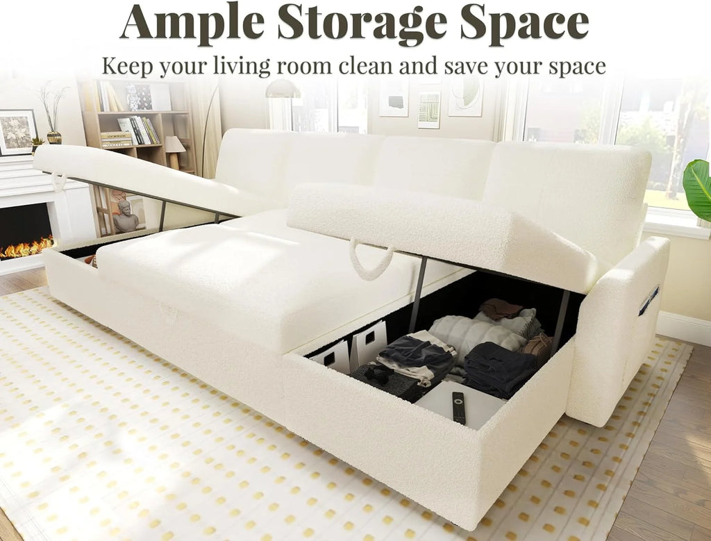White Boucle Sleeper Sofa with 2 Storage Chaise H747679