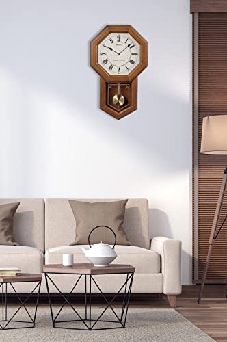 Light Oak Traditional Schoolhouse Wall Clock with Chime & Pendulum K10476