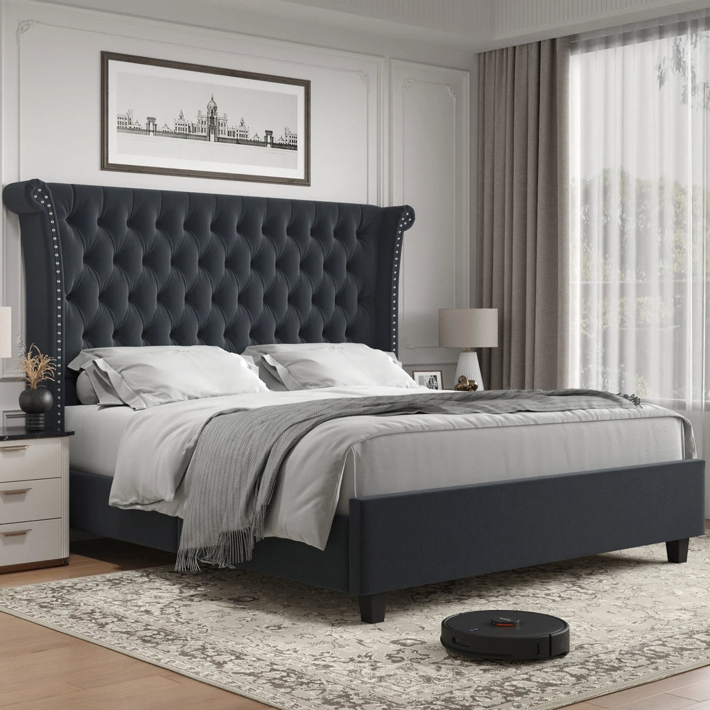King Size White Velvet Tufted Upholstered Platform Bed U6049