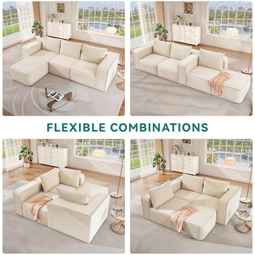 107 Inch Milky White Corduroy L-Shape Sectional Couch with 3 Pillows F46630