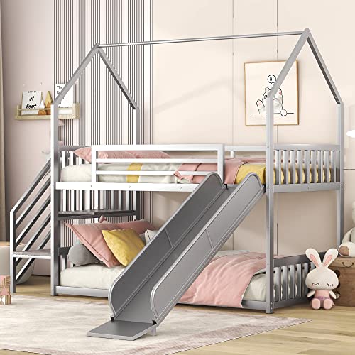 Twin Over Twin Metal Bunk Bed with Slide and Storage Staircase G330
