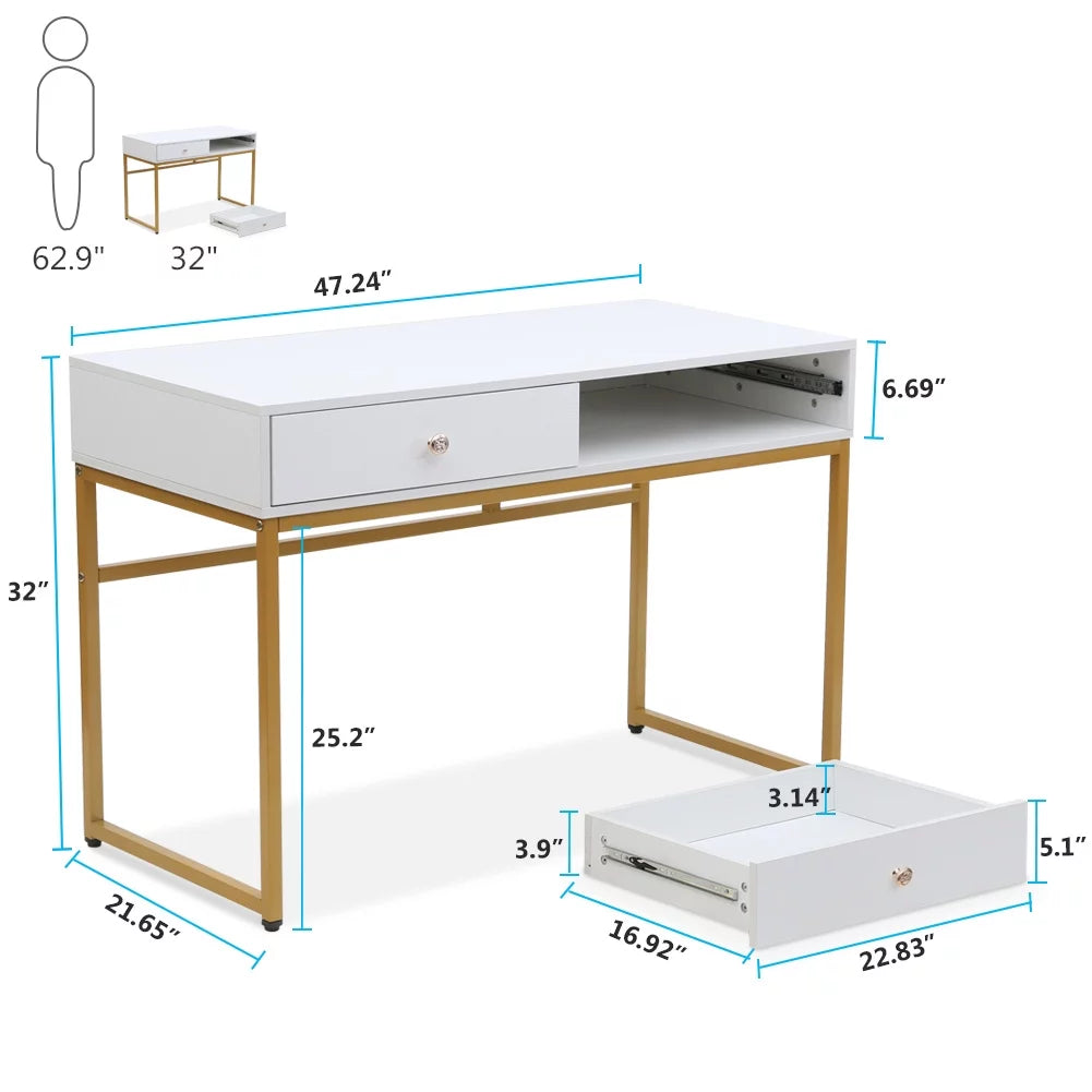 47 inch White and Gold Computer Desk with 2 Storage Drawers I972