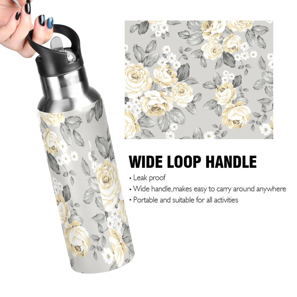 Yellow Flowers on Grey Stainless Steel Insulated Water Bottle with Straw Lid R2011