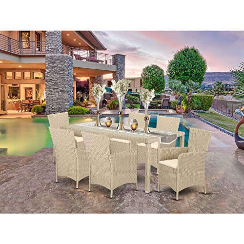 7 Piece Wicker Patio Furniture Set with Rectangle Glass Top Table and 6 Armchair with Cushion, Cream S365650