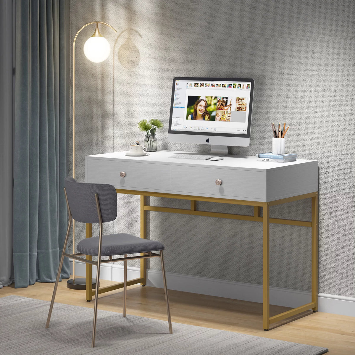 47 inch White and Gold Computer Desk with 2 Storage Drawers I972