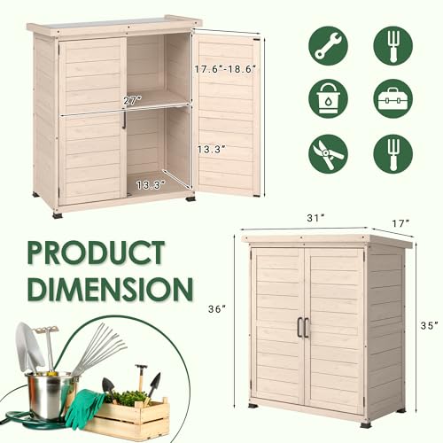 Beige Outdoor Storage Cabinet with Waterproof Metal Tabletop and Removable Shelves C55815