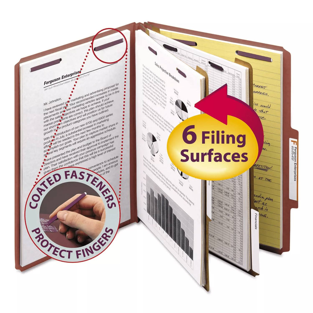 Red Pressboard Classification Folders, Letter Size, 2 Dividers, 10/Box R299