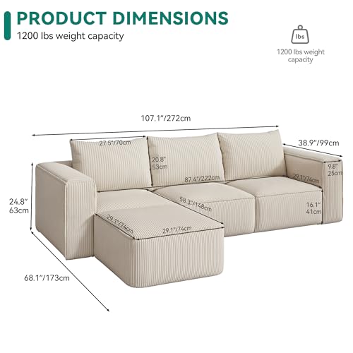 107 Inch Milky White Corduroy L-Shape Sectional Couch with 3 Pillows F46630