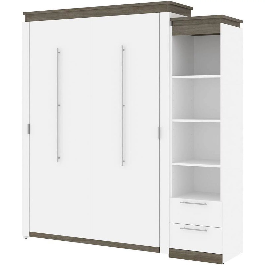 White Queen Murphy Bed and Shelving with Drawers R211