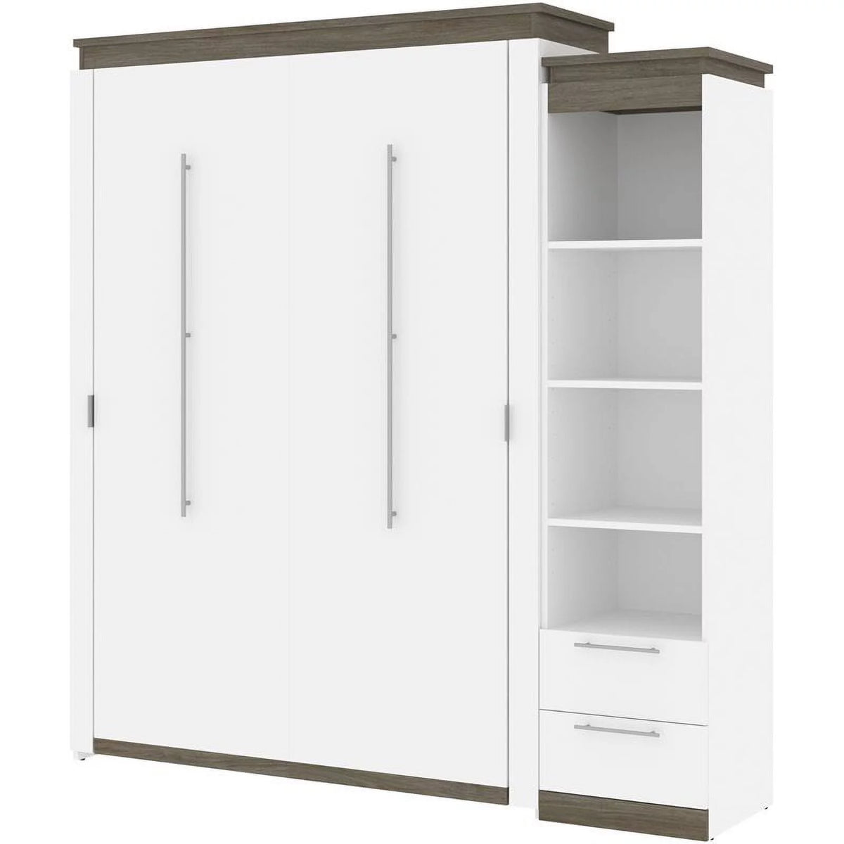 White Queen Murphy Bed and Shelving with Drawers R211