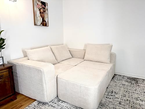 107 Inch Milky White Corduroy L-Shape Sectional Couch with 3 Pillows F46630