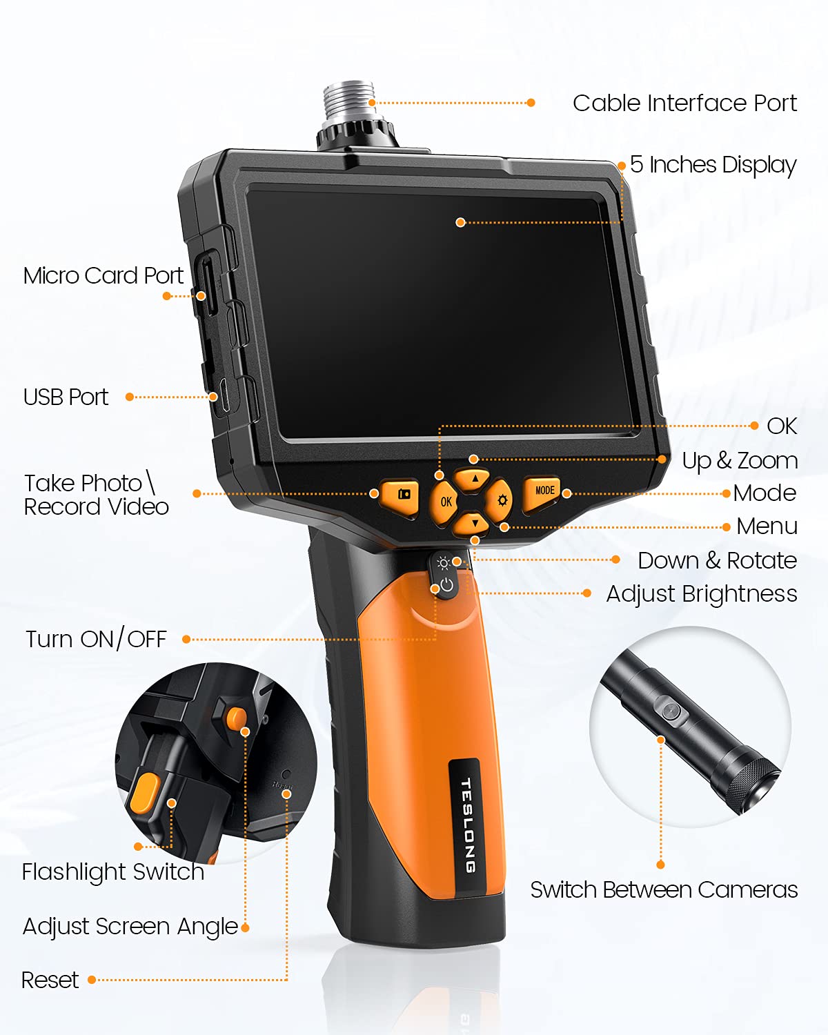 Dual Lens Inspection Camera with Light, 5 IPS Screen, 16.4ft Flexible Probe, 1080p R605