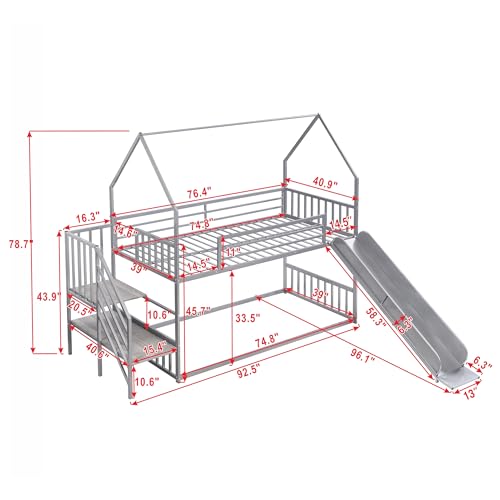 Twin Over Twin Metal Bunk Bed with Slide and Storage Staircase G330