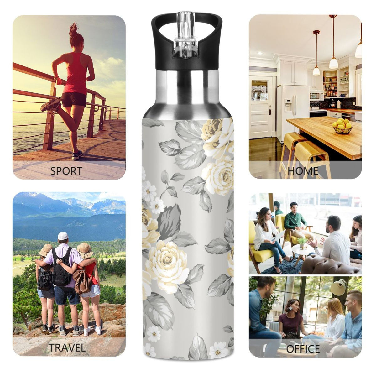 Yellow Flowers on Grey Stainless Steel Insulated Water Bottle with Straw Lid R2011