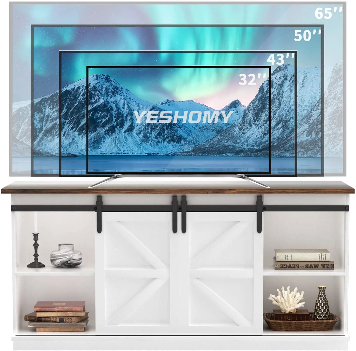 White 58 Inch TV Stand with Sliding Barn Doors W155623