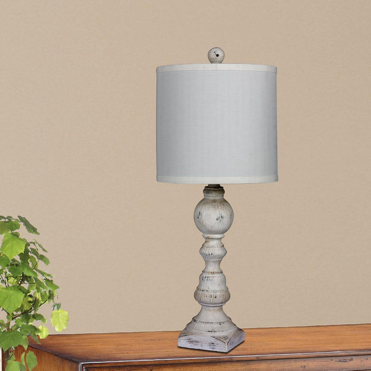 Pair of 26 in. Distressed Resin Table Lamps in Cottage Antique White Finish R1330