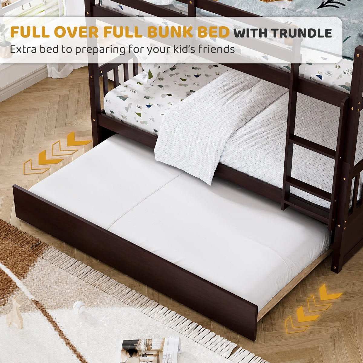 Wood Full over Full Bunk Bed with Trundle and Ladder N783