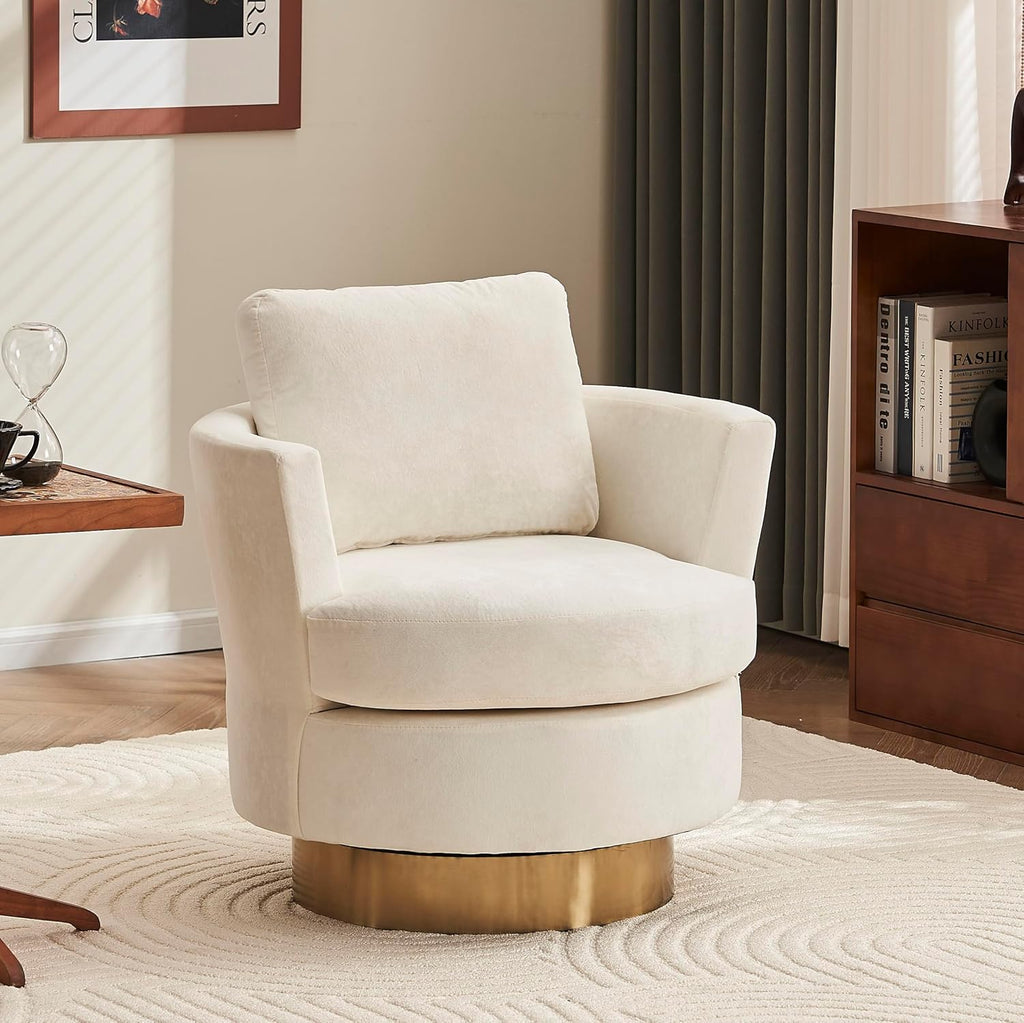 Beige Velvet Swivel Barrel Chair with Gold Stainless Steel Base T7231