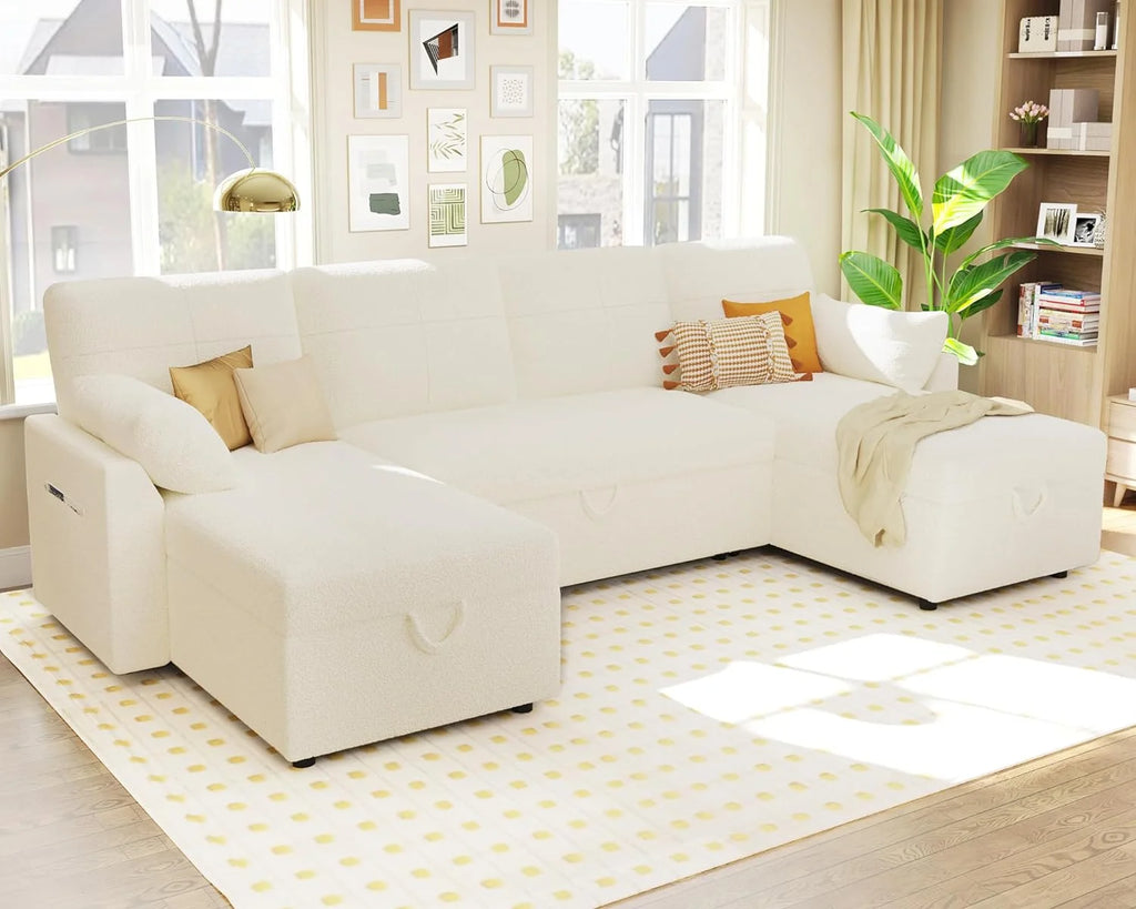 White Boucle Sleeper Sofa with 2 Storage Chaise H747679