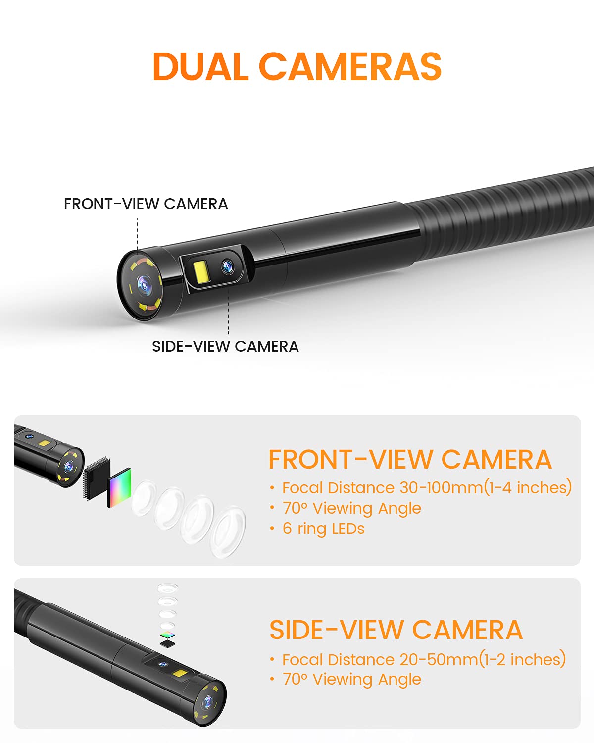 Dual Lens Inspection Camera with Light, 5 IPS Screen, 16.4ft Flexible Probe, 1080p R605