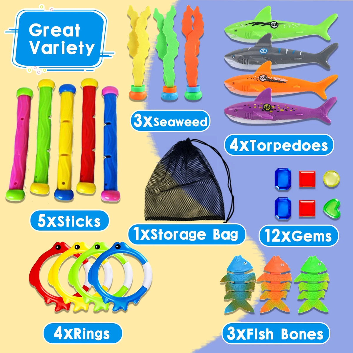 31 Pcs Pool Diving Toys with Storage Bag D430