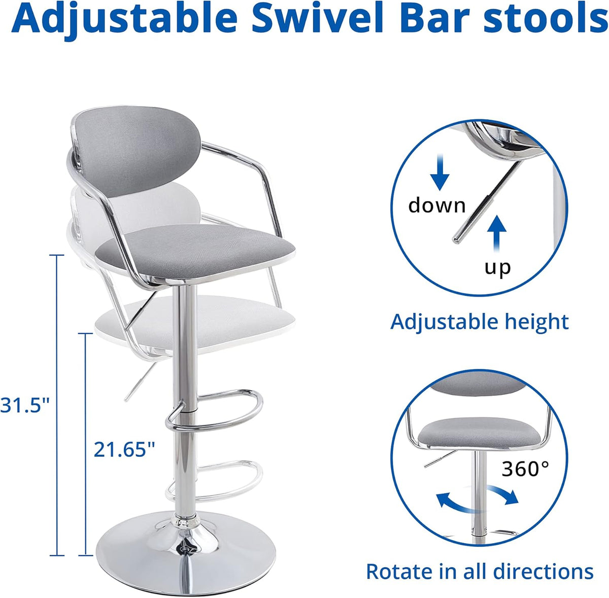 Grey Fabric Metal Swivel Bar Stools Set of 2 Z728