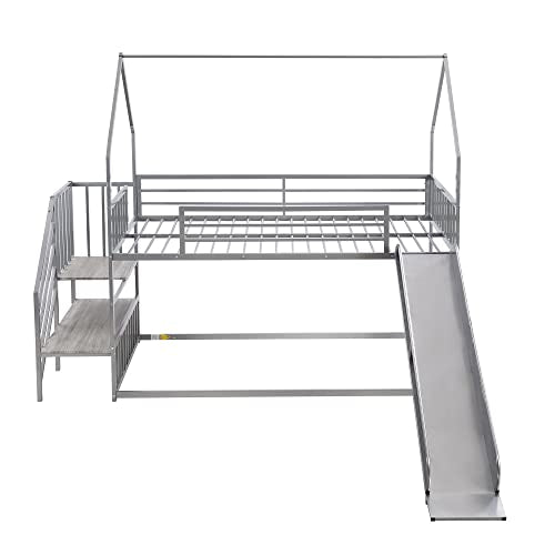 Twin Over Twin Metal Bunk Bed with Slide and Storage Staircase G330