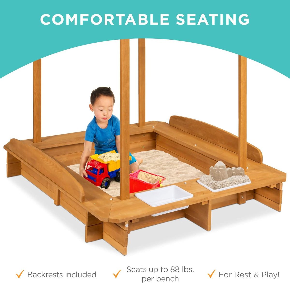 Kids Wooden Sandbox with 2 Bench Seats and Canopy F1425