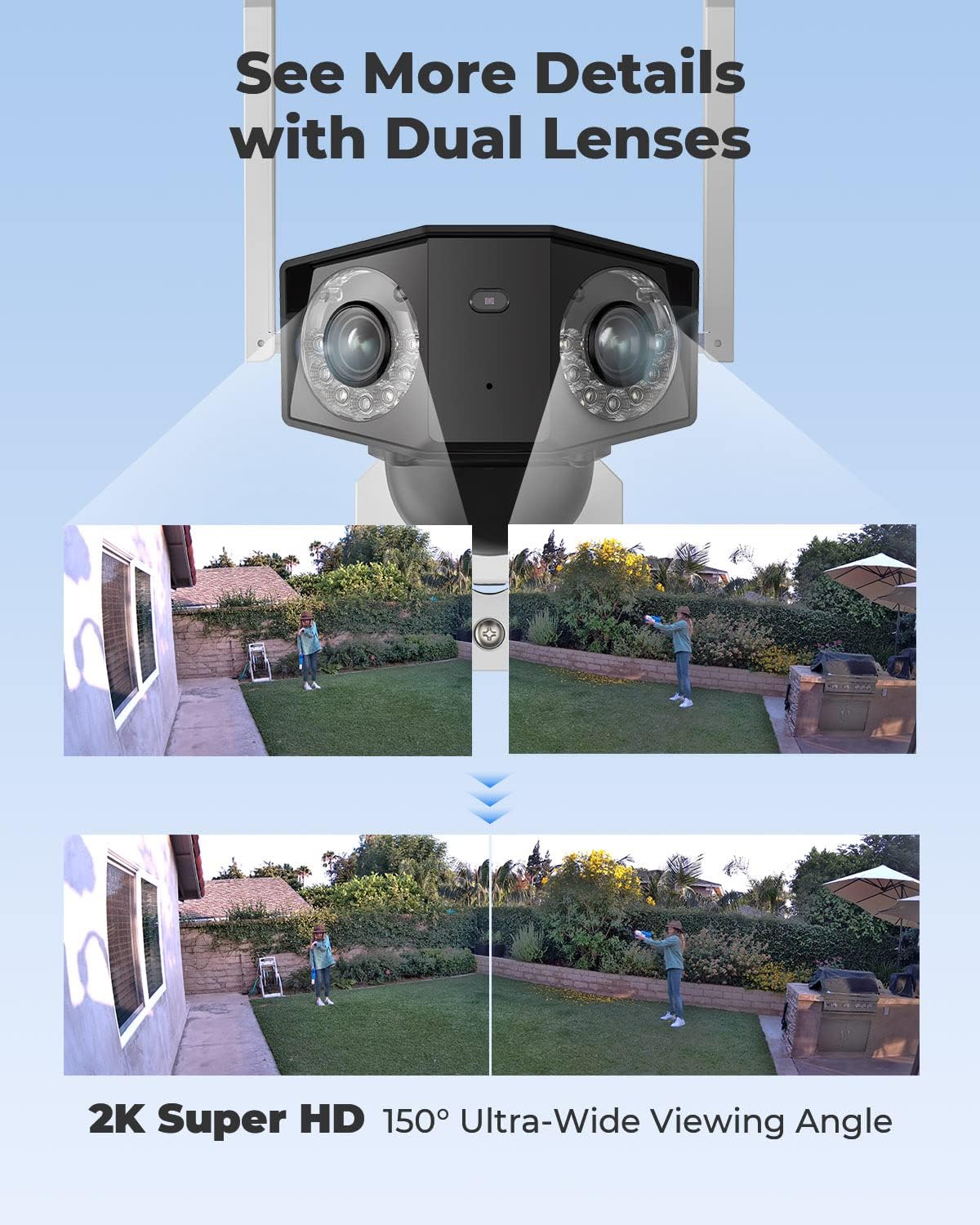 2K Security Battery Camera Outdoor Wireless Solar with Dual Lens U76209