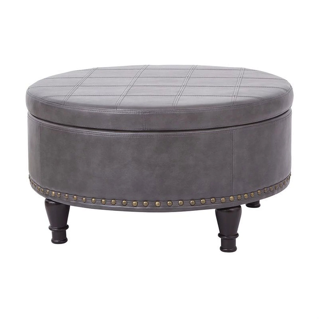 Pewter Bonded Leather Round Storage Ottoman E91180