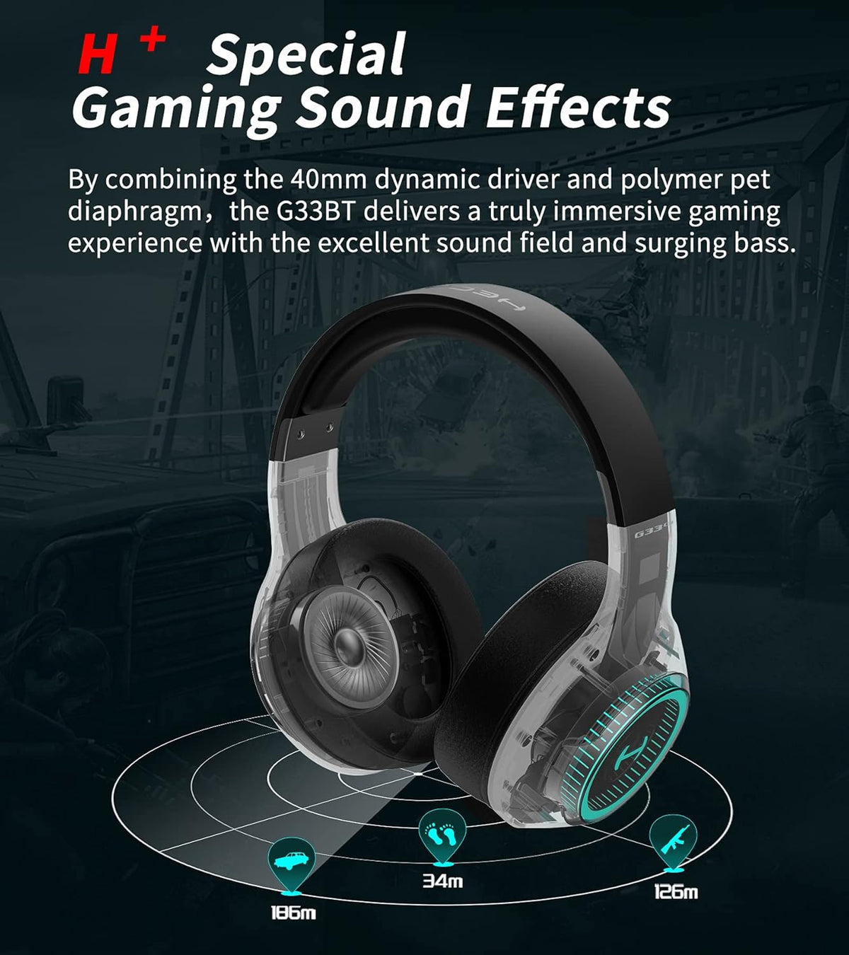 Bluetooth 5.0 Wireless Gaming Headset with Detachable Microphone M396