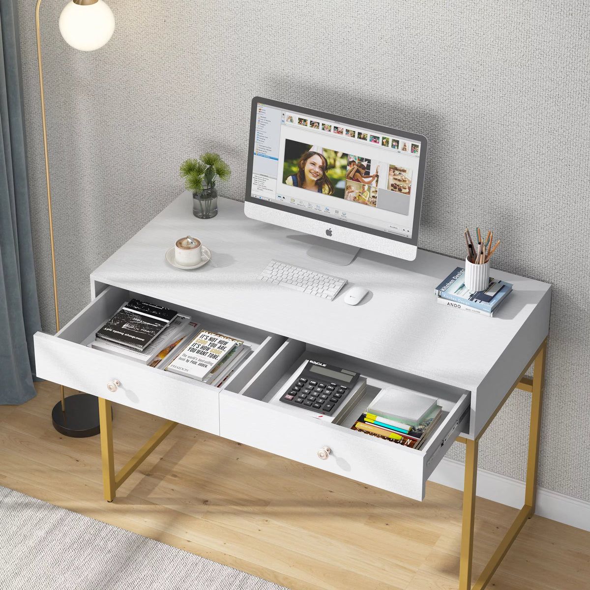 47 inch White and Gold Computer Desk with 2 Storage Drawers I972