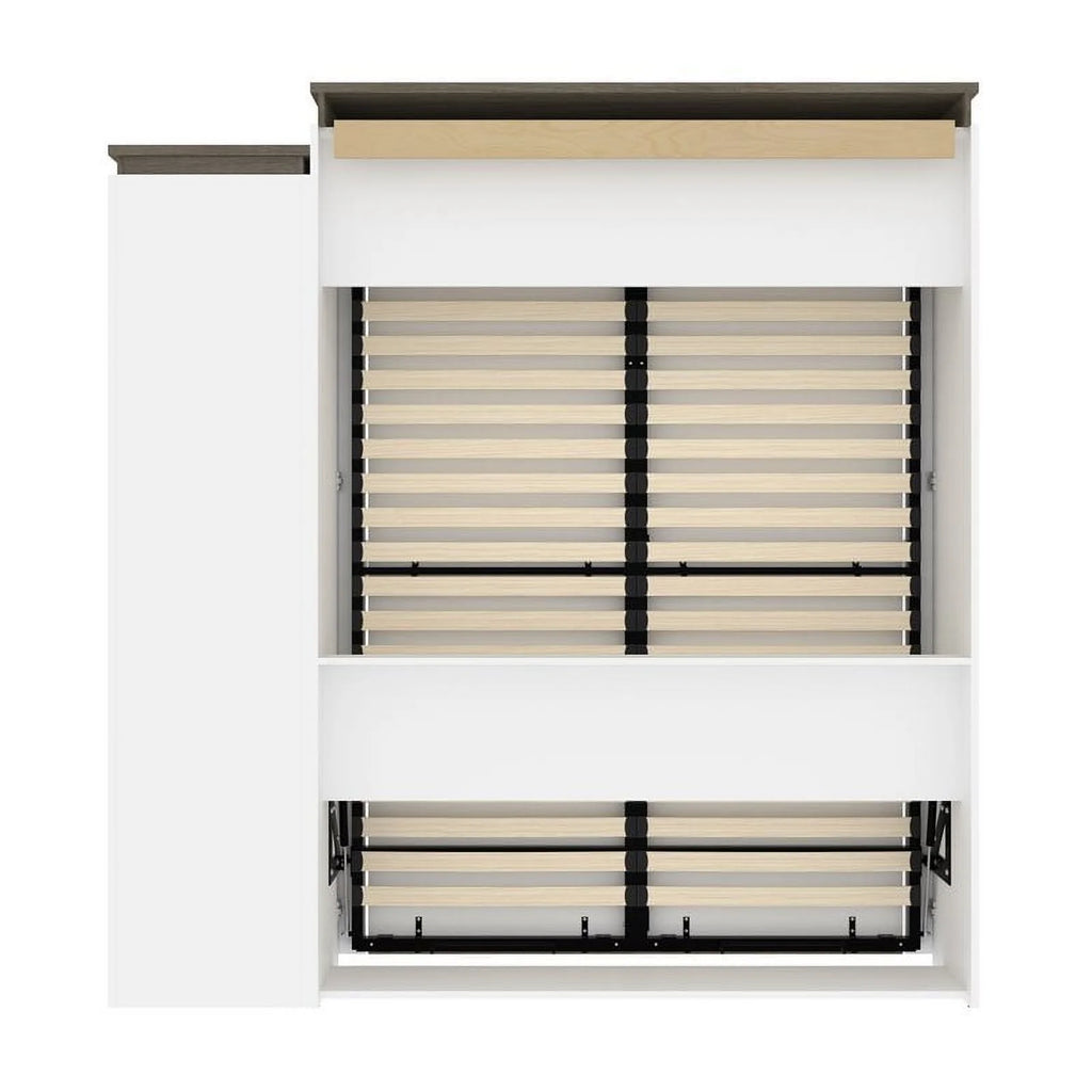 White Queen Murphy Bed and Shelving with Drawers R211