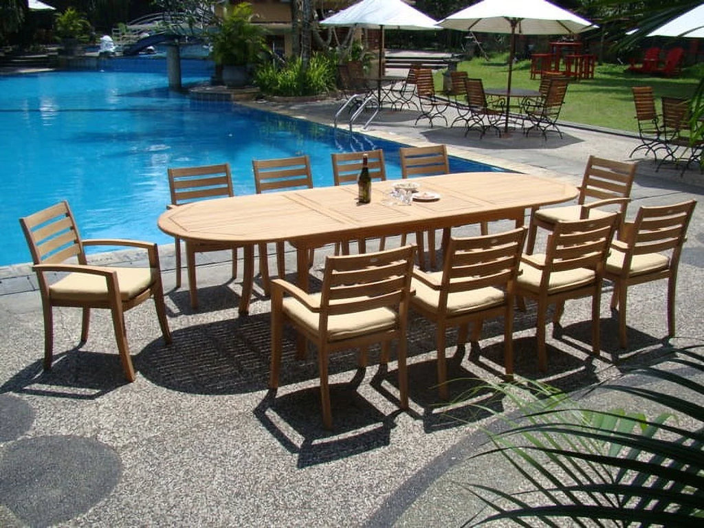 11 Pc Teak Dining Set with 117" Oval Table and 10 Stacking Arm Chairs N646938