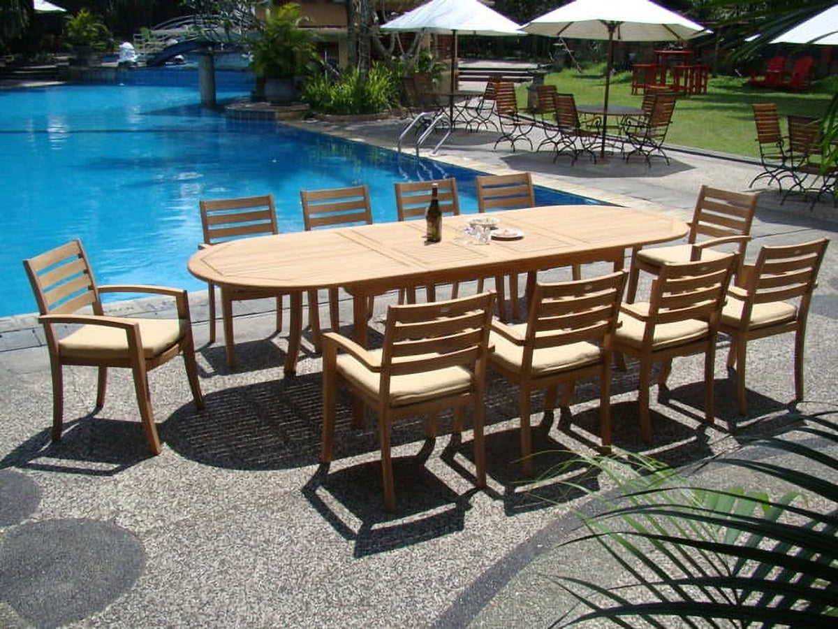 11 Pc Teak Dining Set with 117" Oval Table and 10 Stacking Arm Chairs N646938